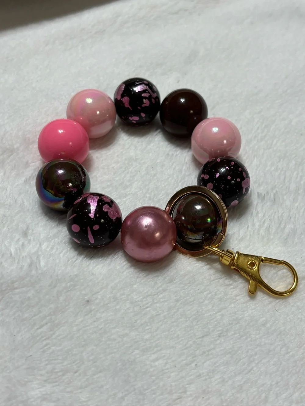 Pink & Brown Beaded Keychain Bracelet
